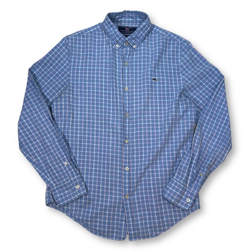 Vineyard Vines Slim Fit Whale Shirt Plaid Button Down Cotton Blue Mens Small - Picture 2 of 9